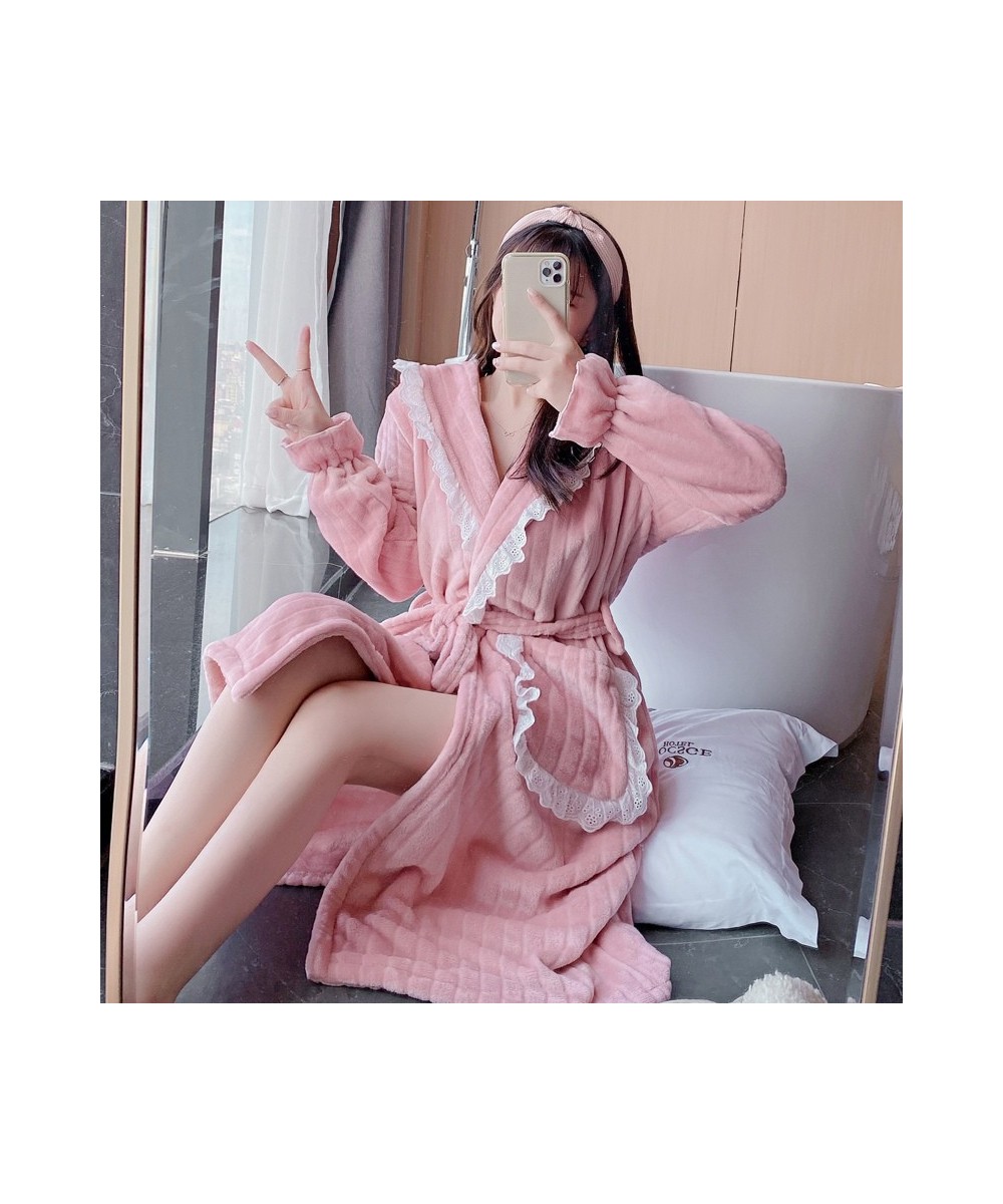 2022 Winter Long Sleeve Thick Warm Flannel Kimono Robes for Women Cute Lace Bathrobe Sleepwear Bath Robe Nightdress Night Dre...