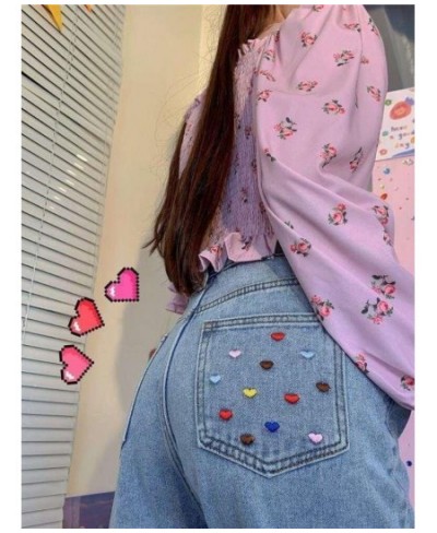 High Street Jeans Women Playful Girl Grunge Rainbow Heart Embroidery Denim Pants 2022SS Wide-leg Trousers Vintage Jeans $44.5...