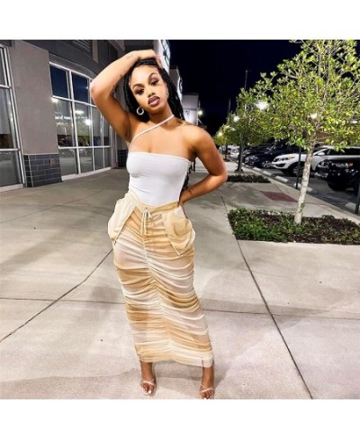 Fashion Solid Drawstring Long Skirt Y2k Casual Pleated Pocket Mesh Skirt Spring Autumn High Waist Streetwear Party $38.34 - S...