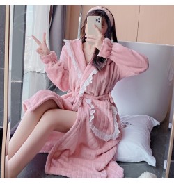 2022 Winter Long Sleeve Thick Warm Flannel Kimono Robes for Women Cute Lace Bathrobe Sleepwear Bath Robe Nightdress Night Dre...