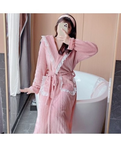 2022 Winter Long Sleeve Thick Warm Flannel Kimono Robes for Women Cute Lace Bathrobe Sleepwear Bath Robe Nightdress Night Dre...