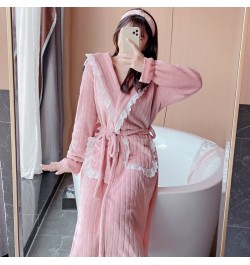 2022 Winter Long Sleeve Thick Warm Flannel Kimono Robes for Women Cute Lace Bathrobe Sleepwear Bath Robe Nightdress Night Dre...