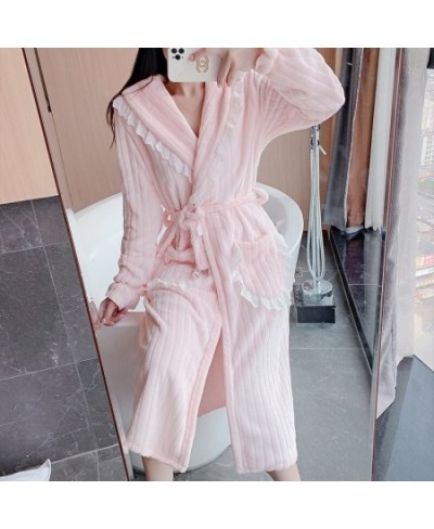 2022 Winter Long Sleeve Thick Warm Flannel Kimono Robes for Women Cute Lace Bathrobe Sleepwear Bath Robe Nightdress Night Dre...