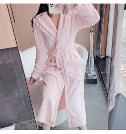 2022 Winter Long Sleeve Thick Warm Flannel Kimono Robes for Women Cute Lace Bathrobe Sleepwear Bath Robe Nightdress Night Dre...