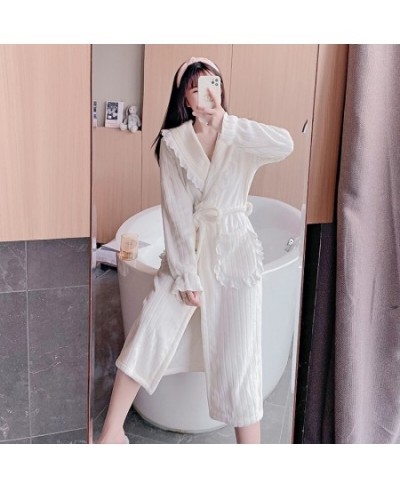 2022 Winter Long Sleeve Thick Warm Flannel Kimono Robes for Women Cute Lace Bathrobe Sleepwear Bath Robe Nightdress Night Dre...