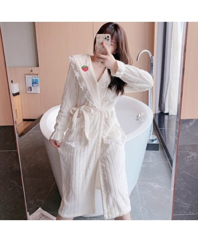 2022 Winter Long Sleeve Thick Warm Flannel Kimono Robes for Women Cute Lace Bathrobe Sleepwear Bath Robe Nightdress Night Dre...