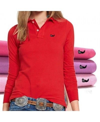 New Spring Women's Long Sleeve Polos Embroidered Fish Logo Shirt 100% Cotton Lapel Golf Leisure Slim Sports Polo Shirt Top $4...