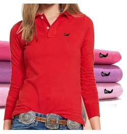 New Spring Women's Long Sleeve Polos Embroidered Fish Logo Shirt 100% Cotton Lapel Golf Leisure Slim Sports Polo Shirt Top $4...