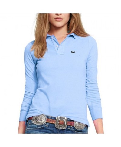 New Spring Women's Long Sleeve Polos Embroidered Fish Logo Shirt 100% Cotton Lapel Golf Leisure Slim Sports Polo Shirt Top $4...