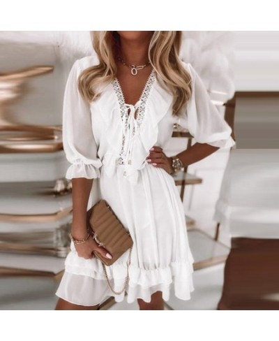 2023 Fashion Ladies Patchwork Chiffon Beach Dress Summer Half Sleeve V Neck Lace-up Loose Dress Casual Women White Mini Dress...
