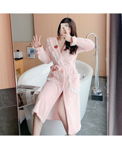 2022 Winter Long Sleeve Thick Warm Flannel Kimono Robes for Women Cute Lace Bathrobe Sleepwear Bath Robe Nightdress Night Dre...