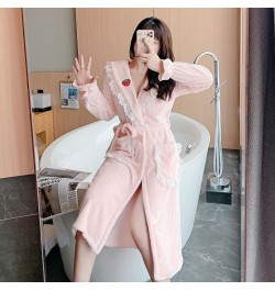 2022 Winter Long Sleeve Thick Warm Flannel Kimono Robes for Women Cute Lace Bathrobe Sleepwear Bath Robe Nightdress Night Dre...