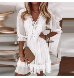 2023 Fashion Ladies Patchwork Chiffon Beach Dress Summer Half Sleeve V Neck Lace-up Loose Dress Casual Women White Mini Dress...