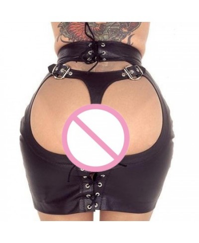 S-XXL Women Sexy Black Lace Up PVC Latex Bondage Spanking Skirt G-String Fetish Bodycon Package Hip Skirt Micro Mini Skirts $...