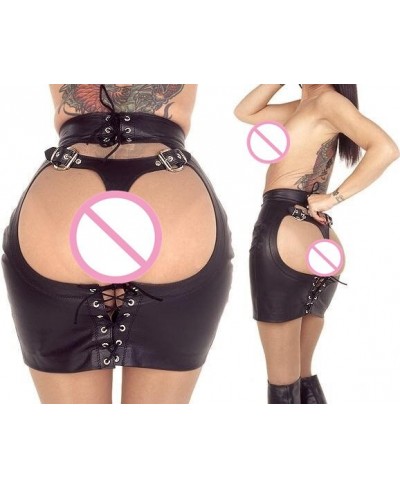 S-XXL Women Sexy Black Lace Up PVC Latex Bondage Spanking Skirt G-String Fetish Bodycon Package Hip Skirt Micro Mini Skirts $...