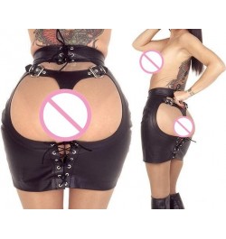 S-XXL Women Sexy Black Lace Up PVC Latex Bondage Spanking Skirt G-String Fetish Bodycon Package Hip Skirt Micro Mini Skirts $...