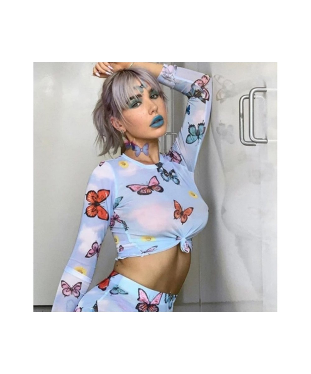 Sexy Butterfly Print See Through Crop Tops Women Long Sleeve Slim Fit Mesh Beach Club Fashion Bikini Cover Ups Streetwear $17...