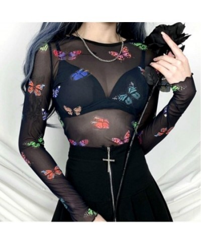 Sexy Butterfly Print See Through Crop Tops Women Long Sleeve Slim Fit Mesh Beach Club Fashion Bikini Cover Ups Streetwear $17...