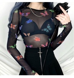 Sexy Butterfly Print See Through Crop Tops Women Long Sleeve Slim Fit Mesh Beach Club Fashion Bikini Cover Ups Streetwear $17...