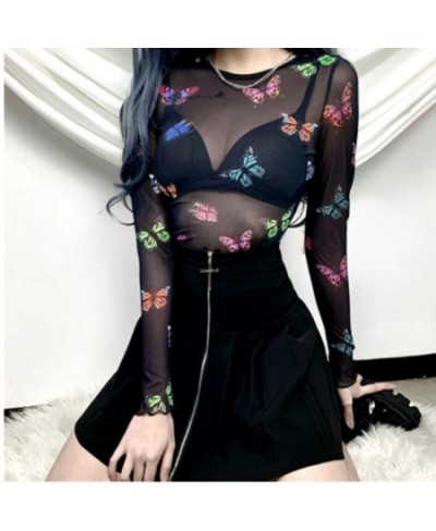 Sexy Butterfly Print See Through Crop Tops Women Long Sleeve Slim Fit Mesh Beach Club Fashion Bikini Cover Ups Streetwear $17...