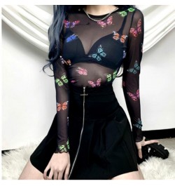 Sexy Butterfly Print See Through Crop Tops Women Long Sleeve Slim Fit Mesh Beach Club Fashion Bikini Cover Ups Streetwear $17...