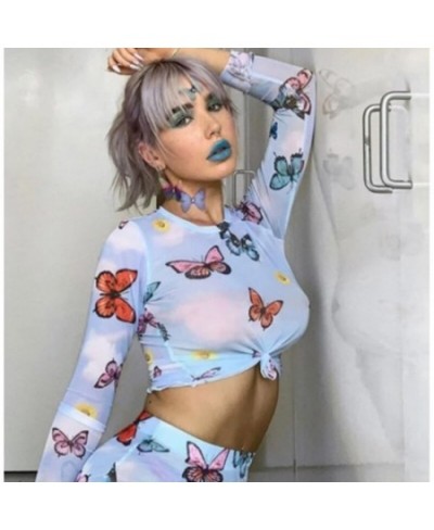 Sexy Butterfly Print See Through Crop Tops Women Long Sleeve Slim Fit Mesh Beach Club Fashion Bikini Cover Ups Streetwear $17...