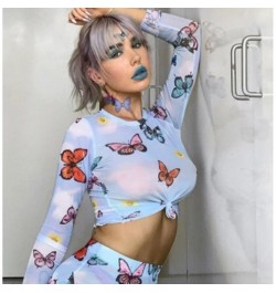 Sexy Butterfly Print See Through Crop Tops Women Long Sleeve Slim Fit Mesh Beach Club Fashion Bikini Cover Ups Streetwear $17...