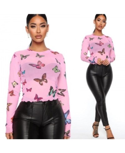 Sexy Butterfly Print See Through Crop Tops Women Long Sleeve Slim Fit Mesh Beach Club Fashion Bikini Cover Ups Streetwear $17...