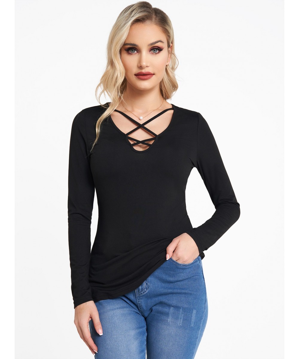 Plain Color Cut Out Top Rivet Off The Shoulder Long Sleeve Casual Top Sexy Women New Solid Black Slim Tee For Spring $34.63 -...