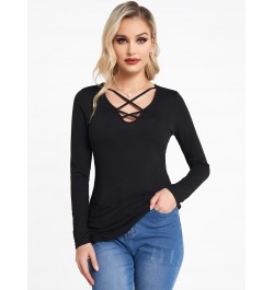 Plain Color Cut Out Top Rivet Off The Shoulder Long Sleeve Casual Top Sexy Women New Solid Black Slim Tee For Spring $34.63 -...