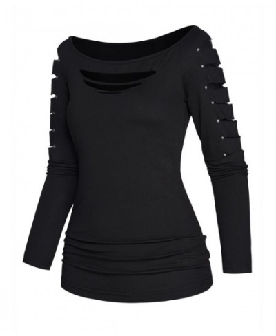 Plain Color Cut Out Top Rivet Off The Shoulder Long Sleeve Casual Top Sexy Women New Solid Black Slim Tee For Spring $34.63 -...