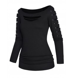 Plain Color Cut Out Top Rivet Off The Shoulder Long Sleeve Casual Top Sexy Women New Solid Black Slim Tee For Spring $34.63 -...