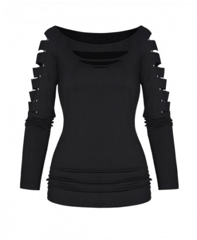 Plain Color Cut Out Top Rivet Off The Shoulder Long Sleeve Casual Top Sexy Women New Solid Black Slim Tee For Spring $34.63 -...