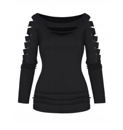 Plain Color Cut Out Top Rivet Off The Shoulder Long Sleeve Casual Top Sexy Women New Solid Black Slim Tee For Spring $34.63 -...