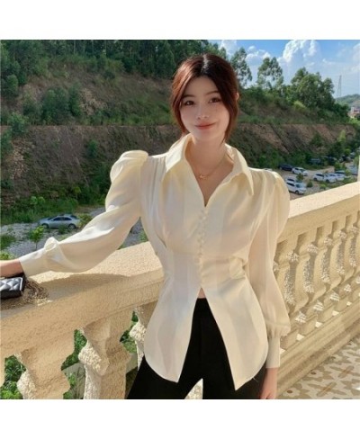 Shirts Women Vintage Fashion Design Puff Sleeve Sexy Split Spring Autumn Harajuku Elegant Office Lady Casual Tunic College $2...