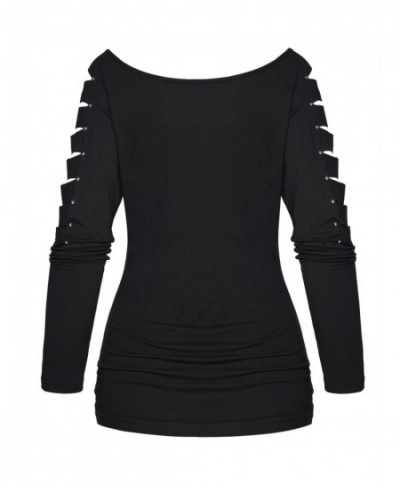 Plain Color Cut Out Top Rivet Off The Shoulder Long Sleeve Casual Top Sexy Women New Solid Black Slim Tee For Spring $34.63 -...