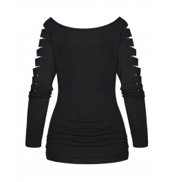 Plain Color Cut Out Top Rivet Off The Shoulder Long Sleeve Casual Top Sexy Women New Solid Black Slim Tee For Spring $34.63 -...