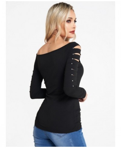 Plain Color Cut Out Top Rivet Off The Shoulder Long Sleeve Casual Top Sexy Women New Solid Black Slim Tee For Spring $34.63 -...