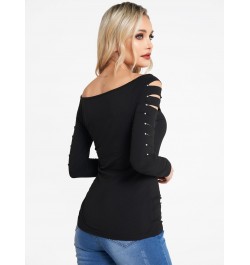 Plain Color Cut Out Top Rivet Off The Shoulder Long Sleeve Casual Top Sexy Women New Solid Black Slim Tee For Spring $34.63 -...