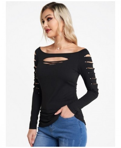 Plain Color Cut Out Top Rivet Off The Shoulder Long Sleeve Casual Top Sexy Women New Solid Black Slim Tee For Spring $34.63 -...