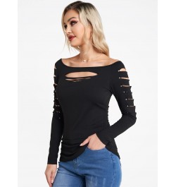 Plain Color Cut Out Top Rivet Off The Shoulder Long Sleeve Casual Top Sexy Women New Solid Black Slim Tee For Spring $34.63 -...