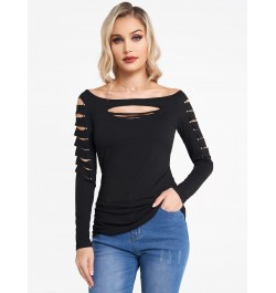 Plain Color Cut Out Top Rivet Off The Shoulder Long Sleeve Casual Top Sexy Women New Solid Black Slim Tee For Spring $34.63 -...