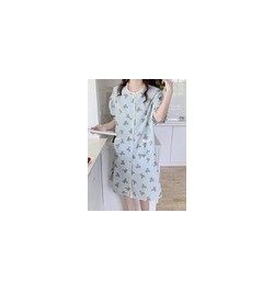 Blue Cartoon Print Summer Nightgown Women Bear Plaid Sleepwear Knee-Length Cotton Kawaii Night Dress Kawaii Homewear $44.25 -...