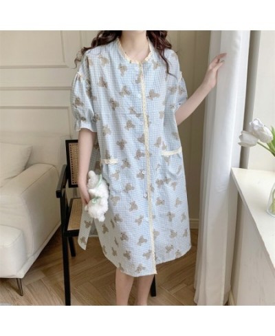 Blue Cartoon Print Summer Nightgown Women Bear Plaid Sleepwear Knee-Length Cotton Kawaii Night Dress Kawaii Homewear $44.25 -...