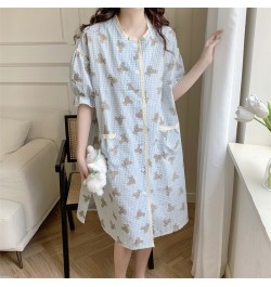 Blue Cartoon Print Summer Nightgown Women Bear Plaid Sleepwear Knee-Length Cotton Kawaii Night Dress Kawaii Homewear $44.25 -...