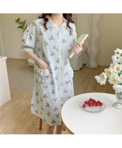 Blue Cartoon Print Summer Nightgown Women Bear Plaid Sleepwear Knee-Length Cotton Kawaii Night Dress Kawaii Homewear $44.25 -...