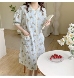 Blue Cartoon Print Summer Nightgown Women Bear Plaid Sleepwear Knee-Length Cotton Kawaii Night Dress Kawaii Homewear $44.25 -...