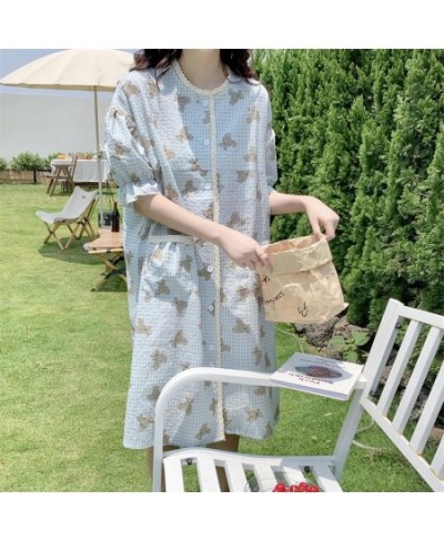 Blue Cartoon Print Summer Nightgown Women Bear Plaid Sleepwear Knee-Length Cotton Kawaii Night Dress Kawaii Homewear $44.25 -...