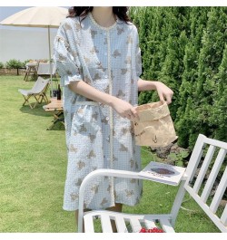 Blue Cartoon Print Summer Nightgown Women Bear Plaid Sleepwear Knee-Length Cotton Kawaii Night Dress Kawaii Homewear $44.25 -...