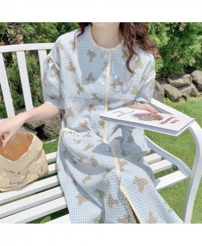 Blue Cartoon Print Summer Nightgown Women Bear Plaid Sleepwear Knee-Length Cotton Kawaii Night Dress Kawaii Homewear $44.25 -...